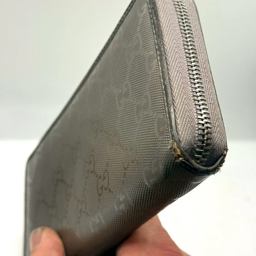 Gucci GG Monogram Zip‎ Around Wallet Silver Purple Gray Leather PVC Mirror